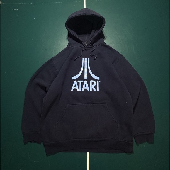 Vintage 00s Atari Big Logo Hoodie Sweatshirt Navy Blue Mens‎ Size XL Y2K Gaming - Picture 1 of 13